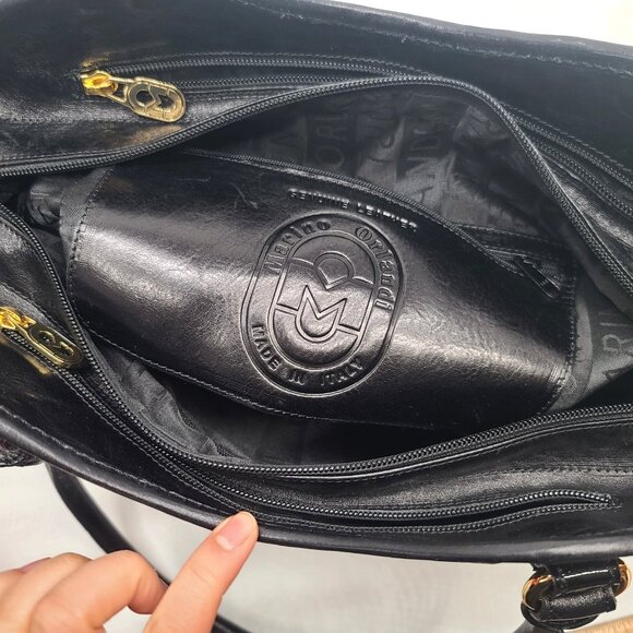 Marino Orlandi Black Embossed Leather Satchel Shoulder Bag Goldtone Zipper Italy - Picture 7 of 16